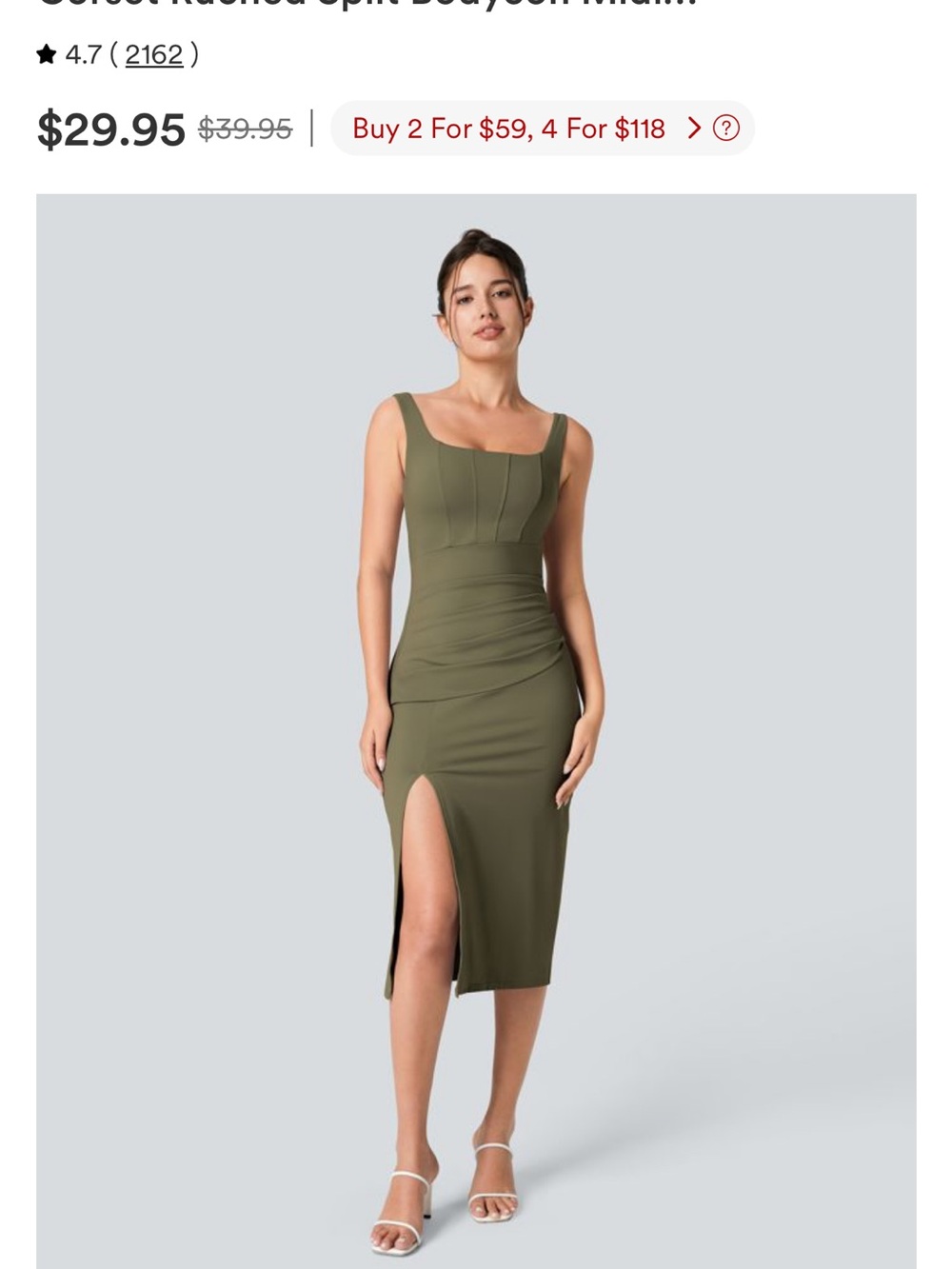 HALARA Olive Corset Ruched Midi Dress with Side Slit
